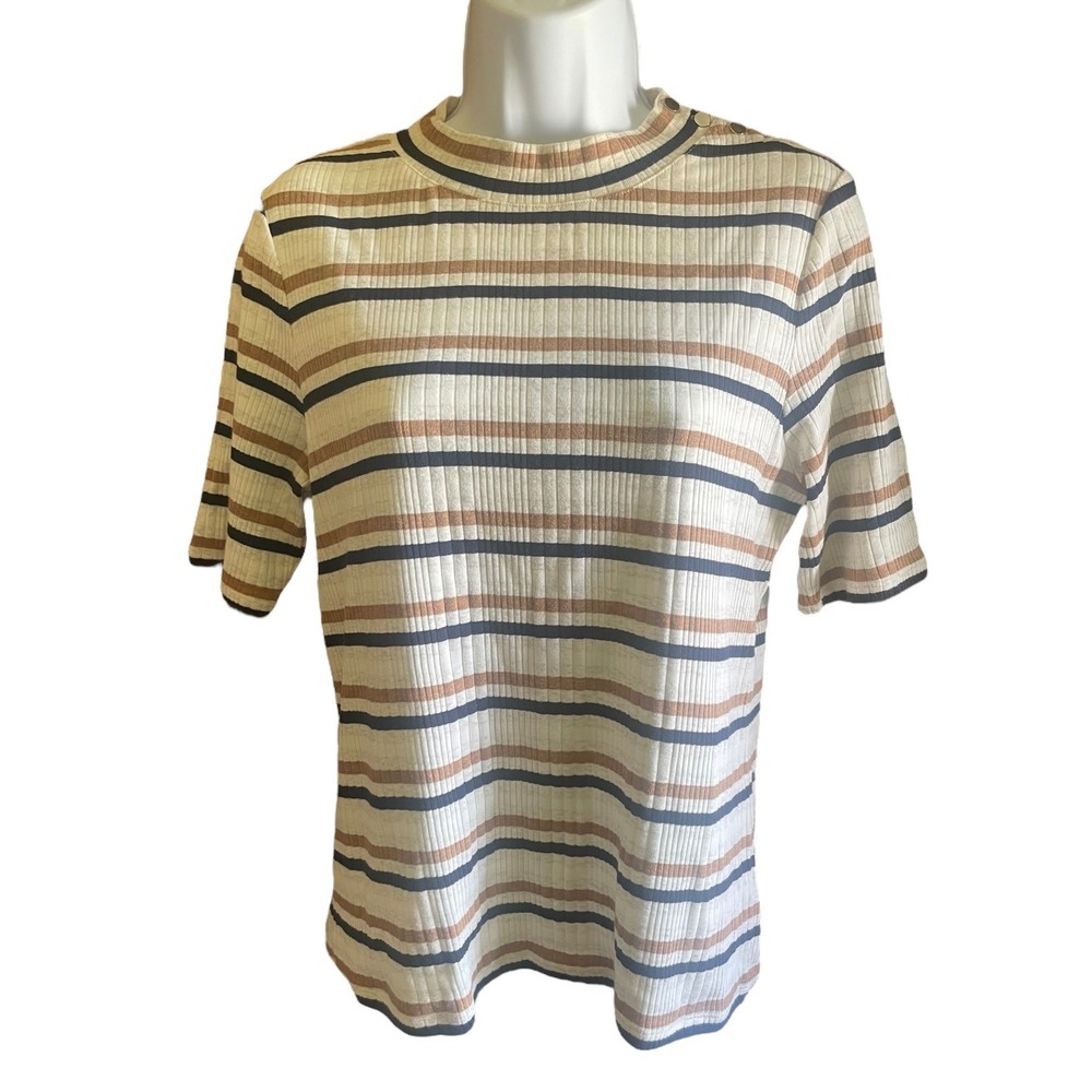 Talbots Striped Ribbed Mock Neck‎ Short Sleeve Tee Shirt Top Petite Large